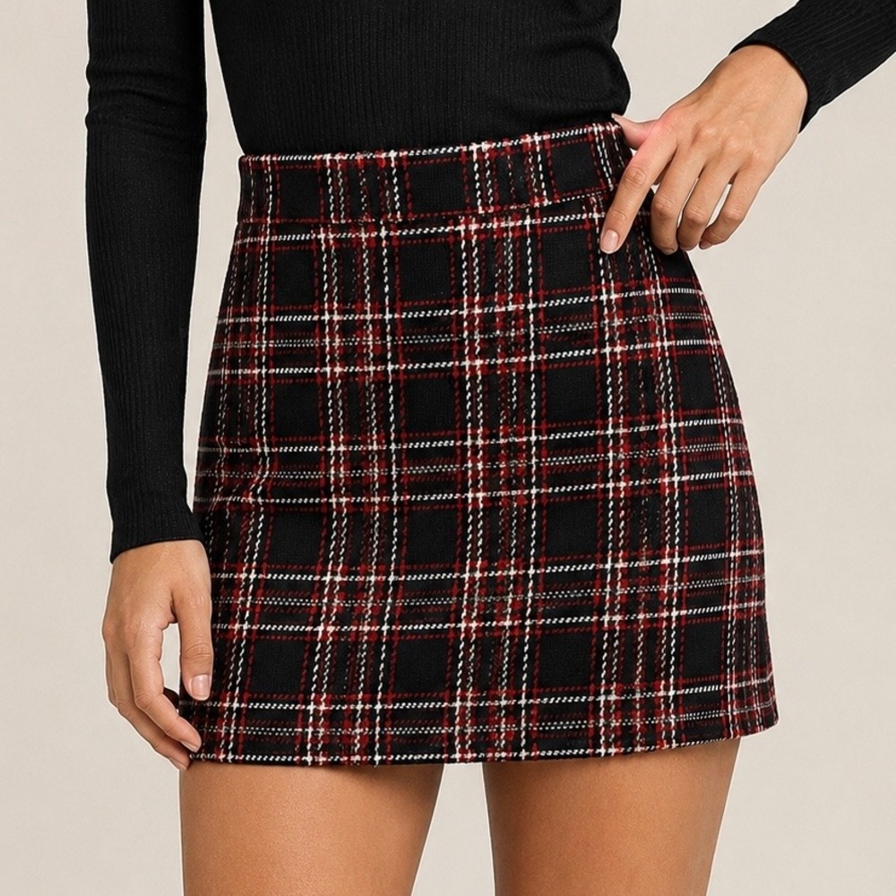 LOFT Outlet Petite Plaid Mini Skirt Women's Sz 2P Navy Red Cream Preppy Academia